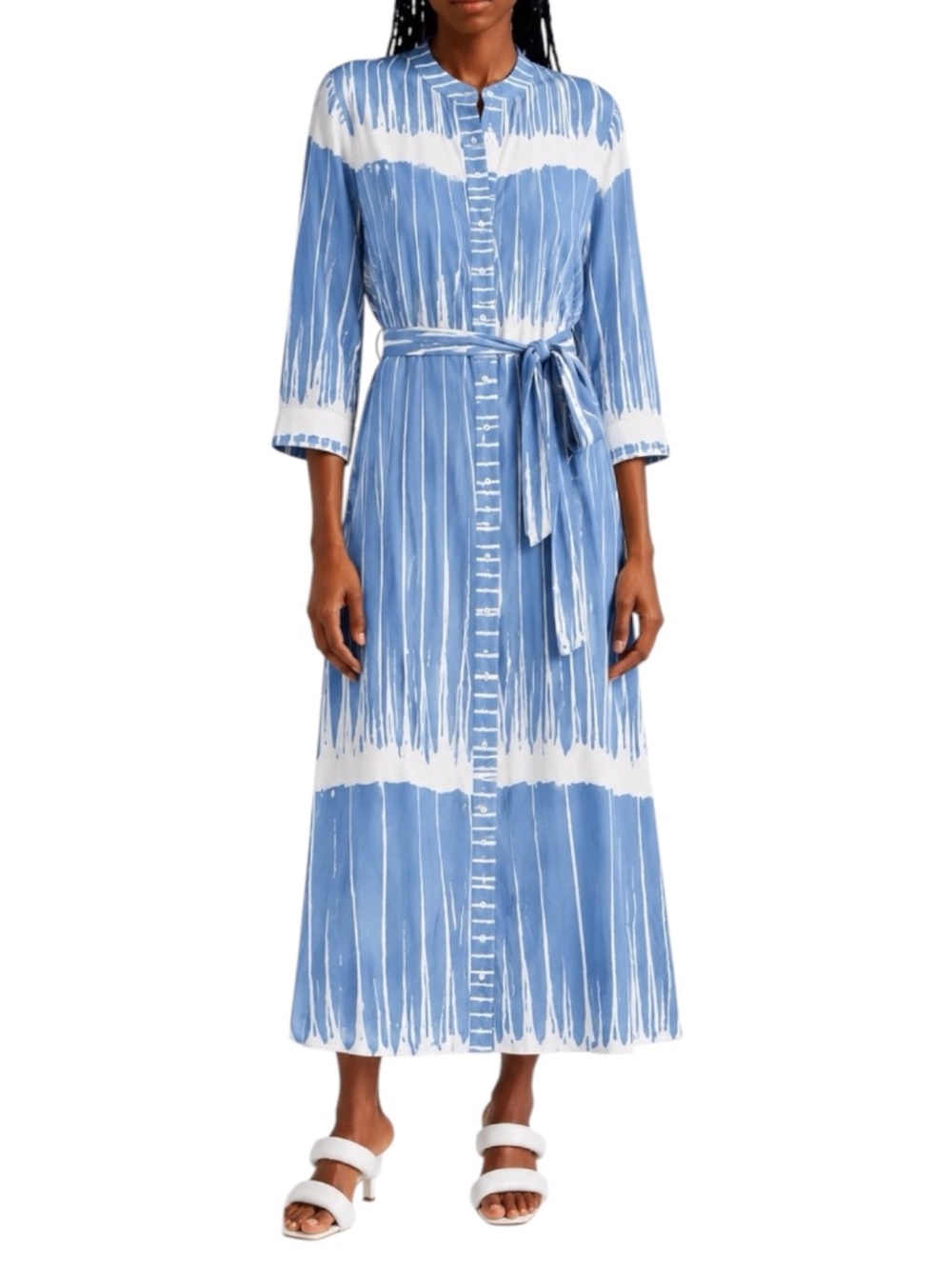 Busayo Kola Tie Belt Shirtdress Blue White Artisan Print